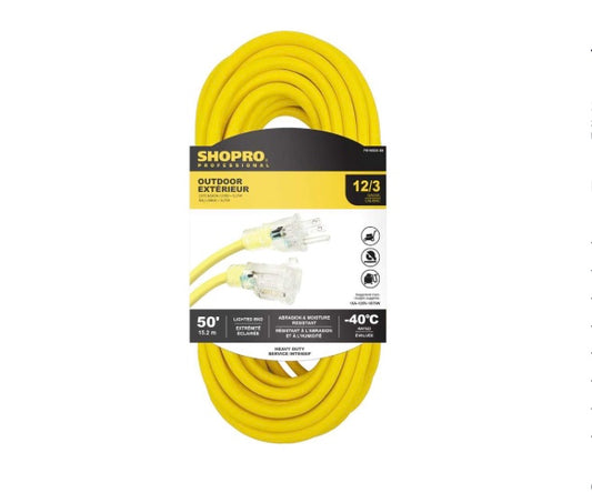 50' Extension Cord - 12/3 Lit End Outdoor - Yellow